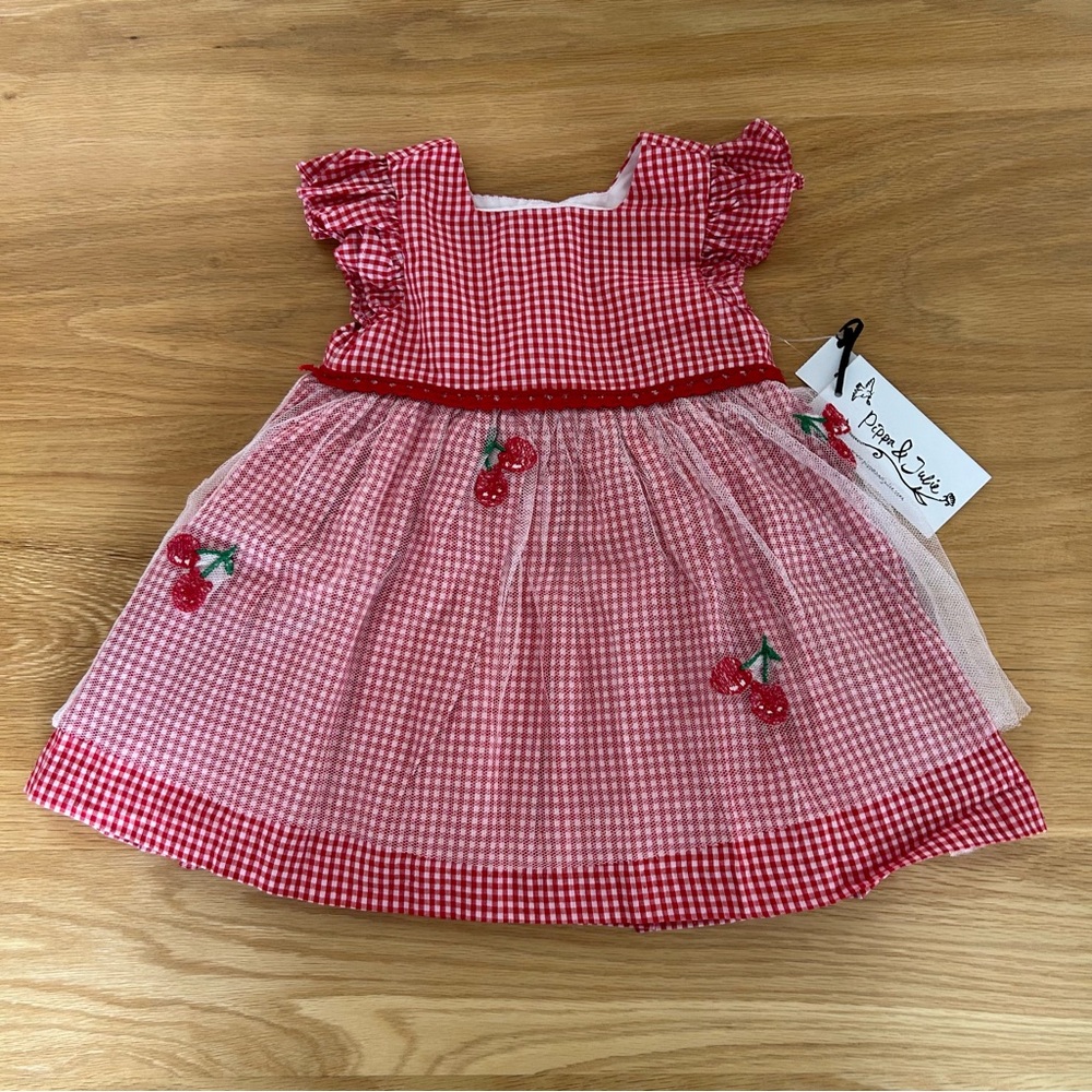 Red + white gingham pippa and Julie dress with tulle and cherries 24 mo BNWT